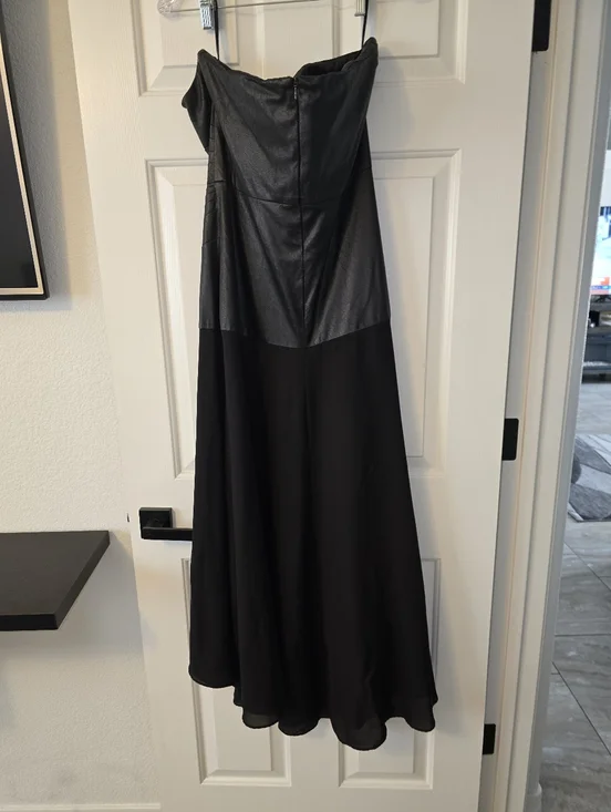 Shoshana Strapless Black Faux-Leather Bodice Asymmetric Midi Dress Sz 10 - Picture 9 of 12